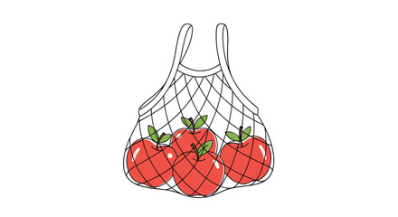 A simple line art illustration depicts four vibrant red apples nestled in an eco-friendly string shopping bag, highlighting sustainable choices.