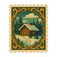 Obraz premium PNG Vintage cabin postage stamp illustration.