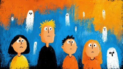 Children explore a spooky experience with friendly ghosts in a colorful animated setting