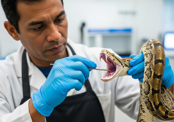 Scientist in a lab performing an intricate medical examination on a python's mouth