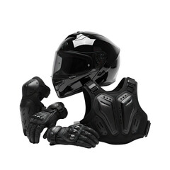 Full Black Motorcycle Protective Gear Set Includes Helmet Gloves Chest Protector and Elbow Pads Isolated on a Plain Black Background