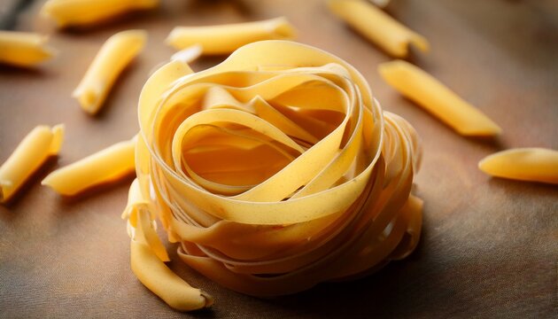 a cluster of golden pasta sheets swirled and curled