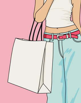 Illustration of a Young Woman Wearing Jeans Carrying a Blank Shopping Bag Isolated on Pink Background. Template Mockup for Retail Holiday Sales, Black Friday and Holiday Season Promotion