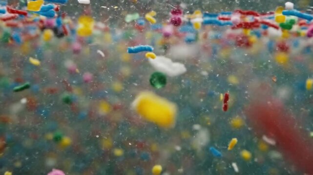 Detailed image of tiny plastic particles floating in water, symbolizing marine pollution, environmental hazards, and the consequences of plastic waste on nature

