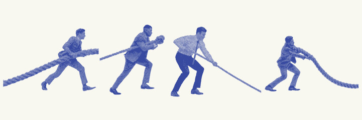 Fototapeta premium Corporate team pulling rope in halftone graphic style symbolising strategy tension and effort