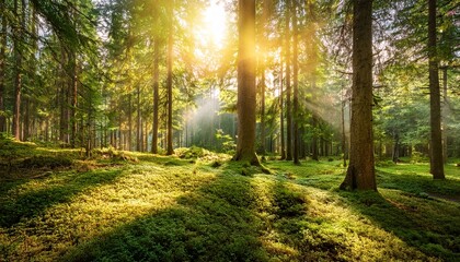 Obraz premium enchanting forest panorama sunlight through trees