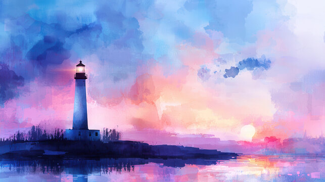 Serene lighthouse stands against vibrant sunset, surrounded by soft watercolor hues of blue, pink, and purple, reflecting on calm waters
