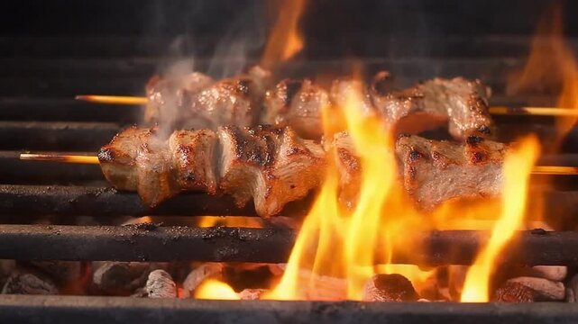 Grilled skewers of meat over a vibrant fire, perfect for a summer barbecue. This image captures the essence of delicious food being cooked outdoors. The scene evokes a sense of warmth.
