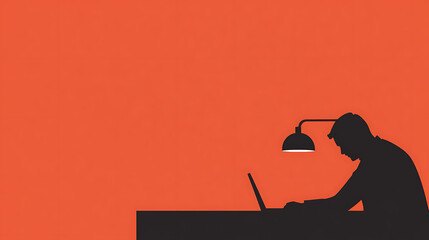 Silhouette of a person diligently working at a desk under a lamp's soft glow. A focused workspace against a bold orange backdrop, inspiring creativity and productivity.