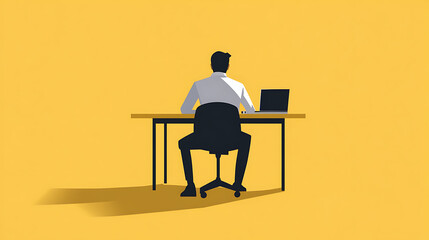 Fototapeta premium Silhouette of a person working at a desk on a laptop against a solid yellow background, creating a minimalist and focused work environment. Concentration and productivity.