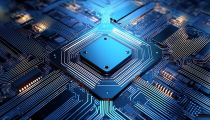 high tech blue circuit board with digital chip closeup render
