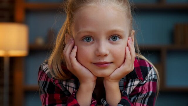 Portrait little Caucasian kid girl child daughter cute smiling looking at camera in evening home satisfied nice cheerful baby in apartment close up headshot healthy pediatric concept pretty face smile