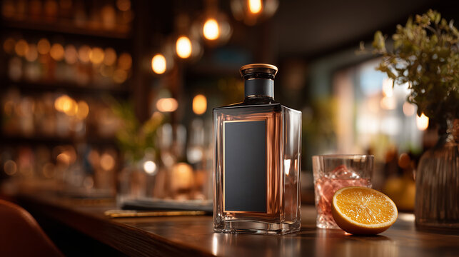 Scotch whiskey bottle, glass, and old wooden barrel close up. Concept mockup for luxury alcohol such as Cognac, Brandy, Rum, or product. Copy space available. Modern bar setting.