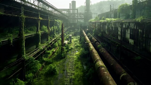 Destroyed ruins abandoned buildings apocalypse scene of city. Aerial view of an abandoned industrial area with overgrown vegetation and dilapidated structures, including a train track and machinery.