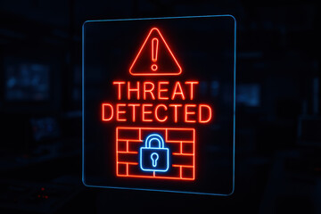 Threat detected warning signals indicate cybersecurity risk and data protection alert