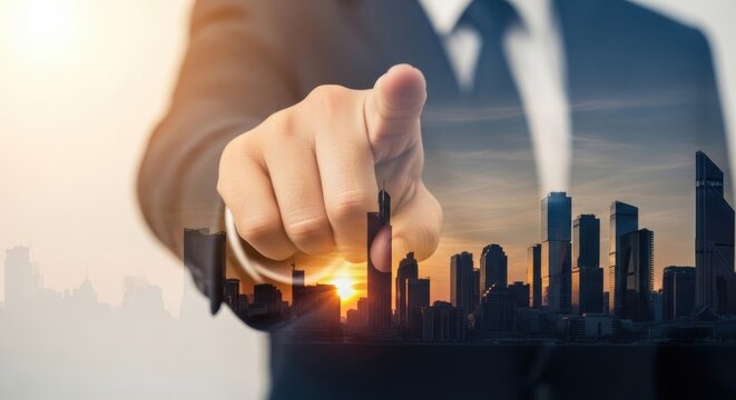 Goal oriented vision toward a modern city skyline with a pointing gesture and rising light portraying ambition and leadership in a corporate setting