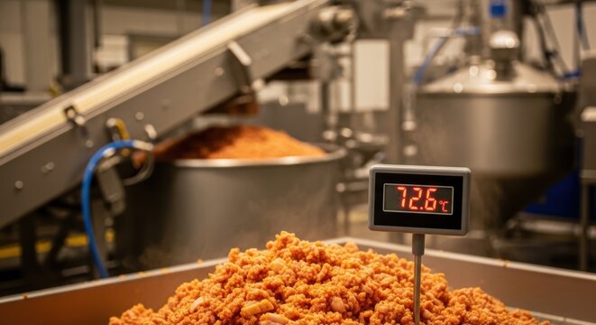 Industrial food processing scene showing heated fried product on conveyor with digital temperature display reading 72 6; close view texture and production equipment conveying batch quality