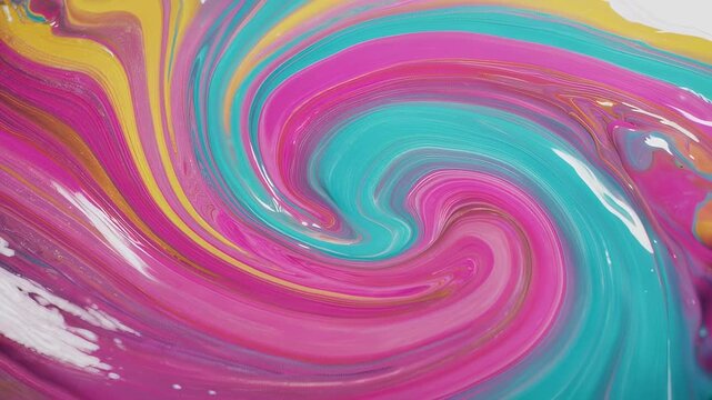 Glossy fuchsia, teal, and yellow paints swirl creating an energetic abstract fluid pattern