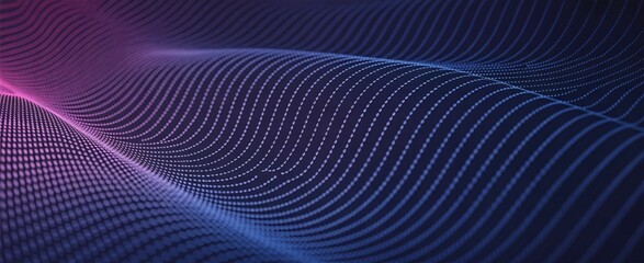 Dynamic digital wave of glowing particles pulsates with vibrant neon hues, representing data flow and futuristic technology.