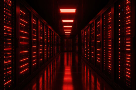ominous data room with glowing red racks and reflective floor conveys secure technology environment and digital protection atmosphere