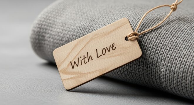 Wooden tag with 'with love' inscription on gray fabric surface