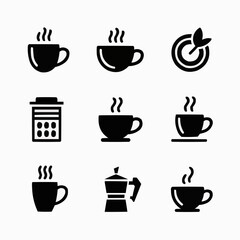 Coffee Icons: A stylish array of minimalist coffee icons, including steaming mugs, a target, and a coffee machine. Illustrating the daily rituals of the modern world.