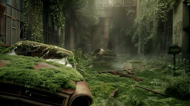 Destroyed ruins abandoned buildings apocalypse scene of city. A detailed, atmospheric portrayal of a dilapidated urban setting. The main subject is an old, rusted car covered in moss.