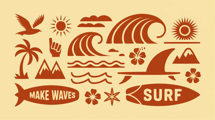 Surf and the Ocean Icons: An artistic collection of surf culture elements in a vibrant design, capturing the essence of ocean activities and coastal vibes.
