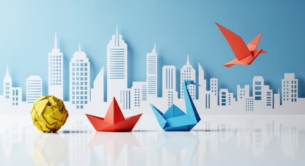 Playful paper origami shapes float over a blue backdrop with a modern city skyline conveying progress and freedom through bright color blooms