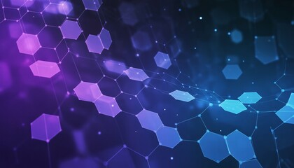 Dynamic abstract digital network of glowing hexagonal nodes and lines, symbolizing data, connection, and futuristic technology with vibrant purple to blue gradient.