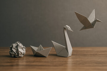 Abstract paper craft swan boat and origami shapes arranged on wood surface with calm gradient backdrop symbolic growth and transformation efforts in leadership and innovation