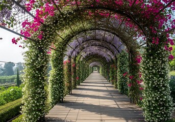 Fototapeta premium Floral pathway with trellis archway in botanical garden scenery