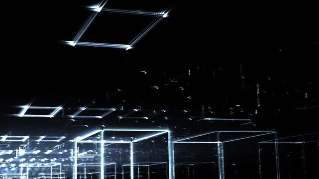 Leuchtende gitterf&ouml;rmige Geometrie f&uuml;r Technologie, Energie, Produktion & Datentransfer &ndash; moderne Architektur, Planung & Sicherheit visualisiert, blau
