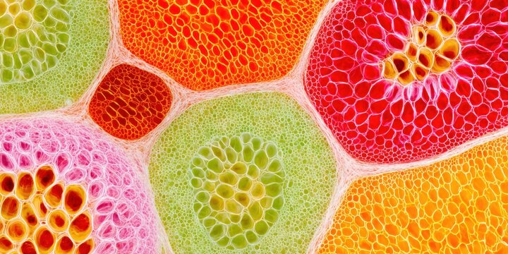 Detailed micrograph with cellular mosaics and fine reticulate lines, combining rounded and elongated forms