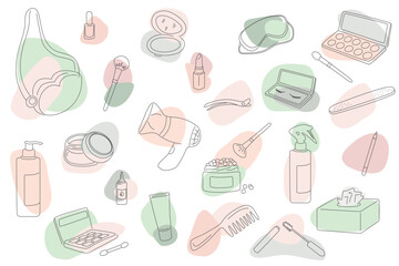 Soft Pastel Makeup and Skincare Accessories Line Illustration for Beauty, Wellness, and Personal Care Branding