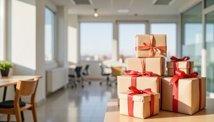 Stacked holiday gift boxes with red ribbons on a wooden table in a bright modern office filled with natural winter sunlight