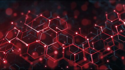 Abstract network glowing red molecular hexagons and points in a dark background suggesting digital connectivity and futuristic science with a sense motion and energy - Powered by Adobe