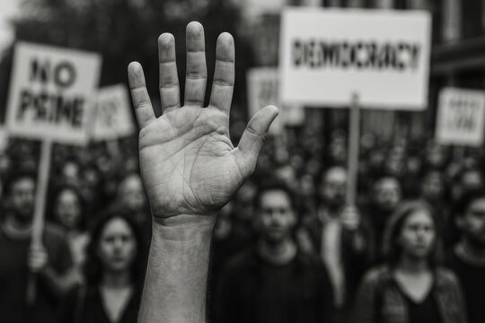 strong protest hand raised amid crowd demanding democracy and justice in shadowy scene