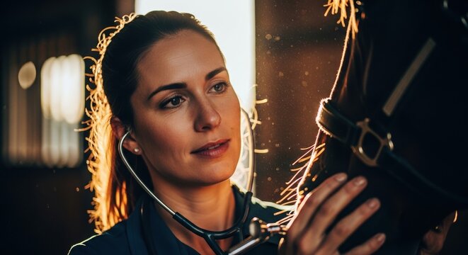 Female veterinarian listening to horse heartbeat, equine vet, horizontal poster photo.