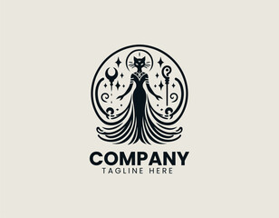 Fototapeta premium Mystic cat warrior goddess stands gracefully presenting strong divine identity in elegant logo design