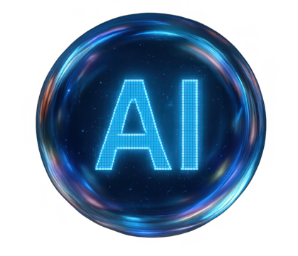 Bold luminous AI orb featuring digital glow and futuristic energy field with abstract space backdrop