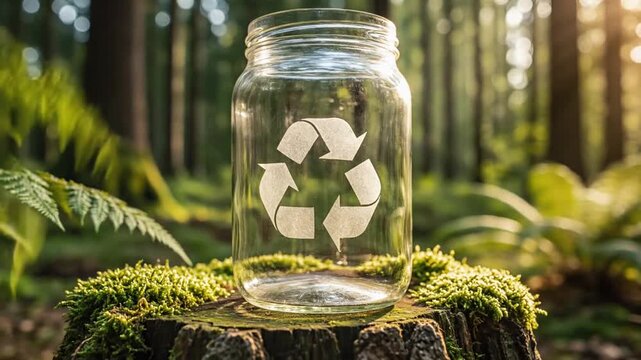 Transparent glass jar featuring the universal recycling emblem placed in a vibrant forest setting, symbolizing environmental sustainability, eco-conscious living, and green conservation practices