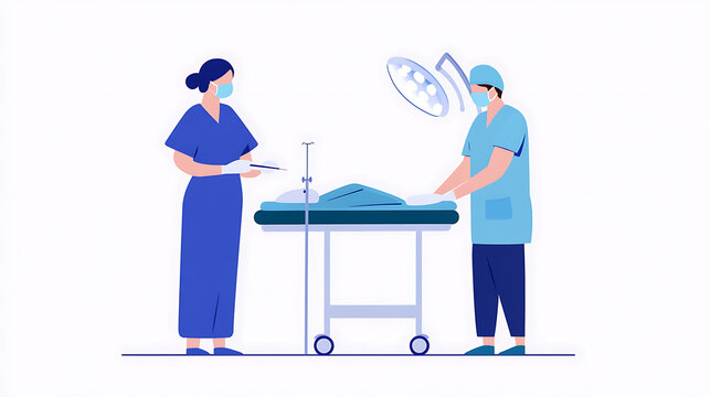 Medical professionals in scrubs attend to a patient on a surgical table, illuminated by a bright overhead light, showcasing care and expertise in a sterile environment.