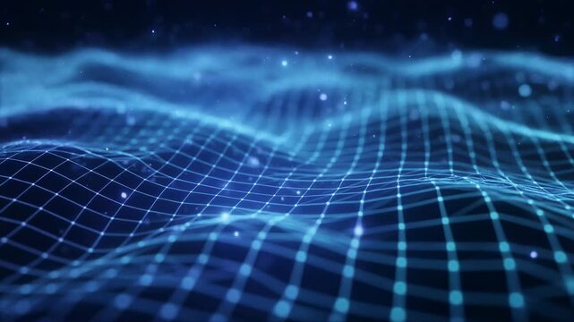 Abstract digital network grid with luminous points and flowing wave lines in deep blue representing data connection and connectivity