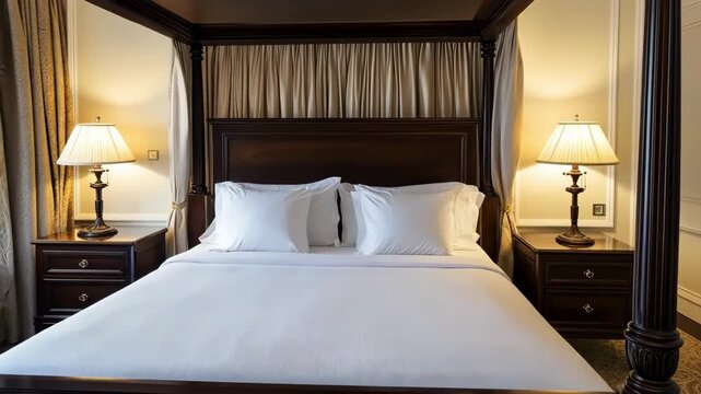 Elegant four-poster bed in a luxurious hotel room, inviting and comfortable.