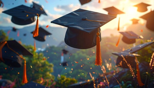 Graduation caps float in air amidst blurred nature, golden sunlight, and confetti