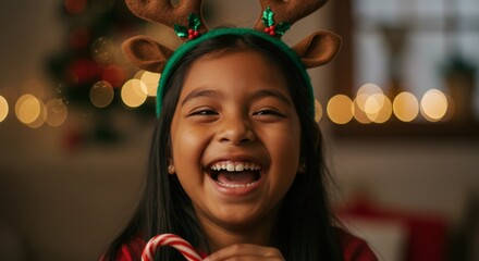 A happy young girl wearing reindeer antlers and holding a candy cane, celebrating christmas with bokeh lights