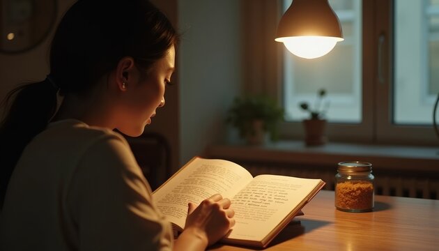 Young woman reading a book at a table under a warm lamp light - Powered by Adobe