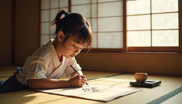 Young Asian girl practicing calligraphy on paper in traditional room - Powered by Adobe