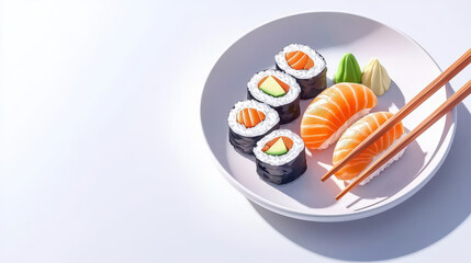 Delicious sushi platter featuring salmon nigiri, maki rolls with cucumber and salmon, and wasabi on white plate